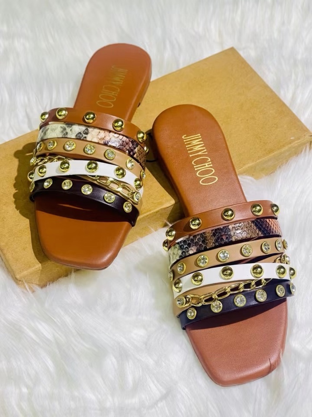 Jimmy Choo Tan Multi-Strip Studded Slide Sandals with Snake-Print Accents